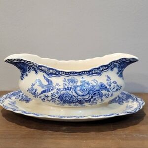 Crown Ducal Bristol Blue  Gravy Boat with Attached Plate